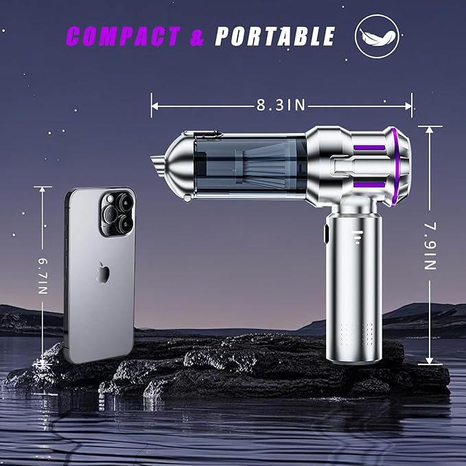Handheld Car Vacuum Cordless, Mini Vacuum Cleaner Rechargeable, 16000Pa Hand Held Vacuum Cleaner Portable, Small Vacuum with Multi-Nozzles, Dust Duster for Car Home Office Pet (Silver Purple)