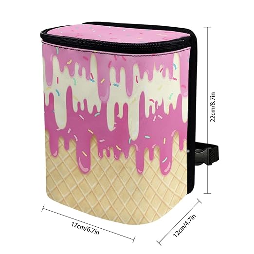 KEIAHUAN Ice Cream Car Trash Can with Lid Cute Leakproof Car Trash Garbage Bag Hanging Multi-Functional Rubbish Bag for Travelling, Camping