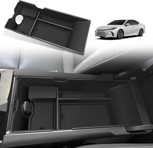 Muslogy Center Console Organizer Compatible with 2025 2026 Toyota Camry LE SE XLE XSE Accessories Middle Storage Box with Removable Coin Holder Insert Tray Interior Secondary Accessories (Black)