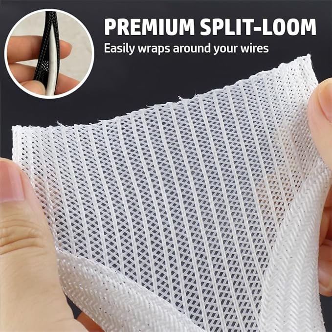 MGI SpeedWare Braided Split-Sleeve White Wire Loom for High-Temperature Automotive Harness and Home Cable Management 10 feet (1/4")