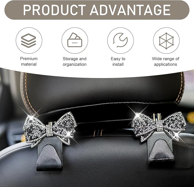 2 PCS Bling Car Seat Headrest Hooks, S Type Crystal Rhinestone Bow Vehicle Seat Back Storage Hooks for Purses Bags Groceries, Universal Diamond Car Rear Seat Organizer (Black)