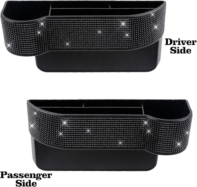 Console Side Pocket, Diamond Crystal Car Seat Pockets Organizer Caddy Catcher Auto Filler Gap Bling Bling Car Console Side Pouchs for Cellphone Wallet Key (Black-2 PCS)