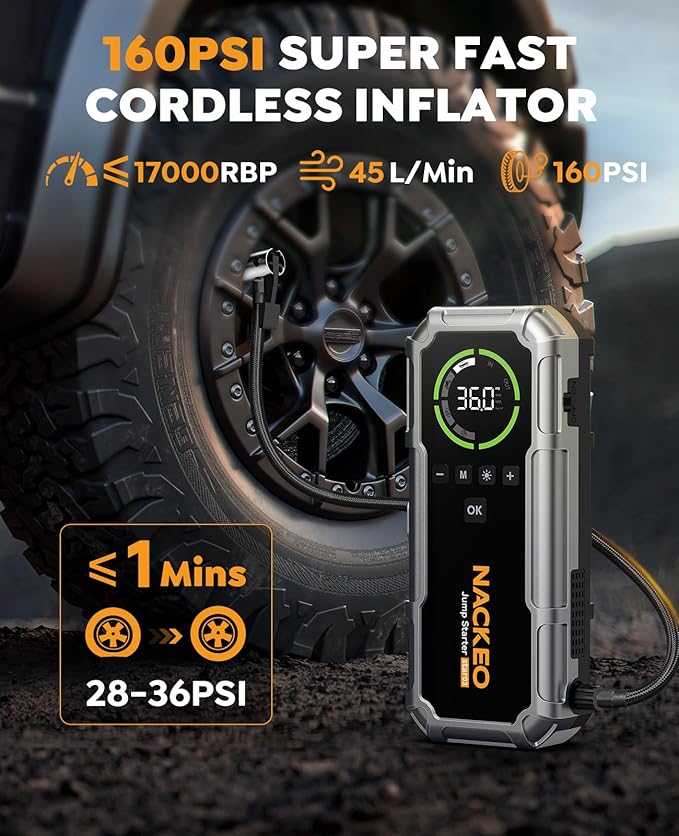 Car Battery Jump Starter with Air Compressor 8000A 160PSI, Car Jumper Starter Portable (All Gas/10L Diesel), Jump Starter Jump Box with Jumper Cables, LED Light, Large LCD Display, Power Bank