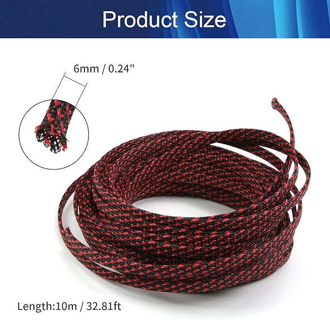 Aicosineg 32.81ft PET Flexible Braided Cable Sleeve 0.25inch Width Wire Loom Sleeving and Organizer Flexible Wire Mesh Sleeve Wrap Protector for TV Audio PC Cords from Pets Chewing Black and Red