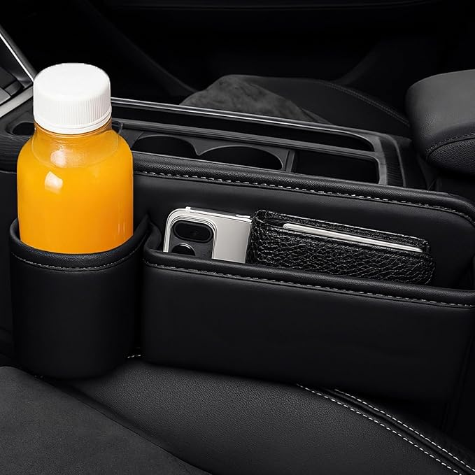 2 Pcs Car Seat Gap Filler Organizer, Leather Storage Box with Cup Holder, Cable Hole, Black