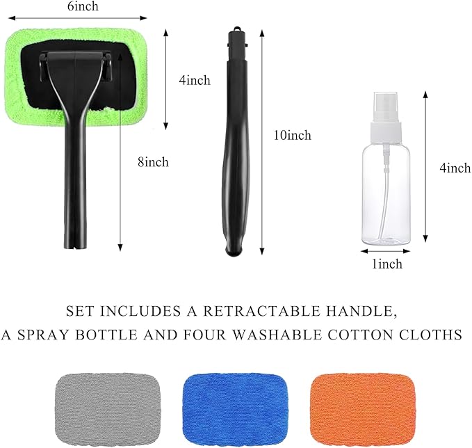 KVAEY Car Windshield Cleaning Tool, Microfiber Window Cleaner with 4 Washable Reusable Cloth Pad & Extendable Handle, Auto Glass Cleaning Kit with Spray Bottle for Glass Wiper