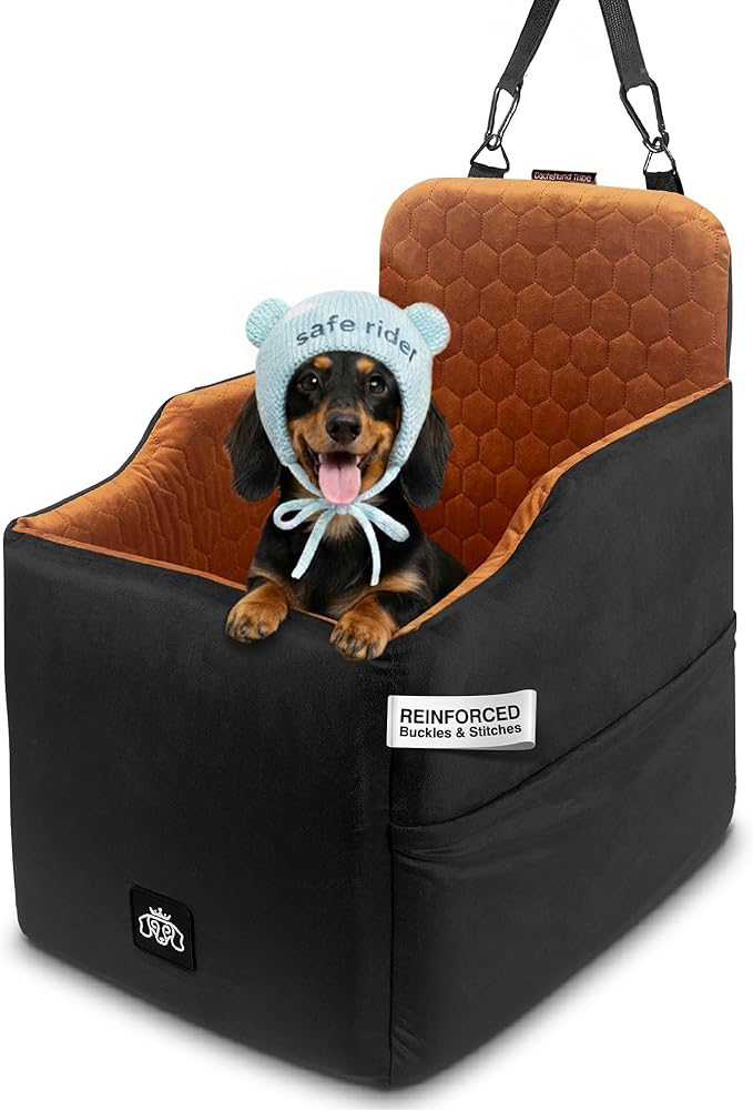 Dog Car Seat for Small Dogs, Dachshund Car Seat Booster Bed for Small Breeds – Non-Slip Base, Adjustable Straps, Washable Cover (Small Size Black)