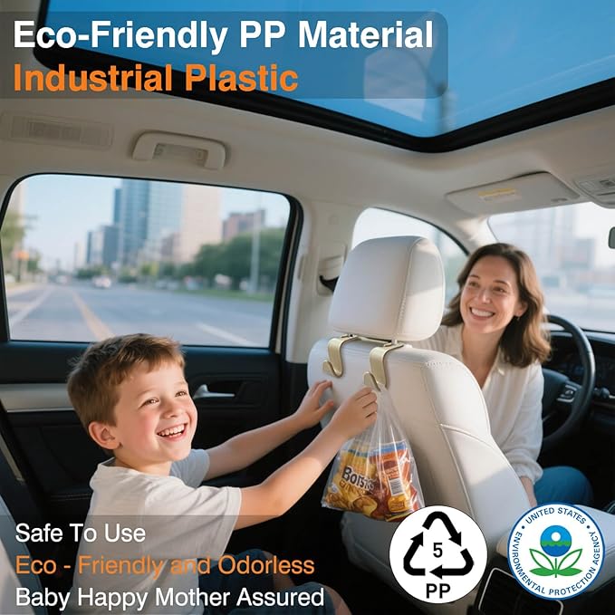 Car Seat Hooks & Purse Holder - 4 Pack Boxed,55 lb Heavy Duty,Eco PP Car Hooks for Purse/Bag/Baby Gear/Gym Bag/Groceries/Cup/,Fits 0.32-0.55”Car Headrest Rods (Beige)