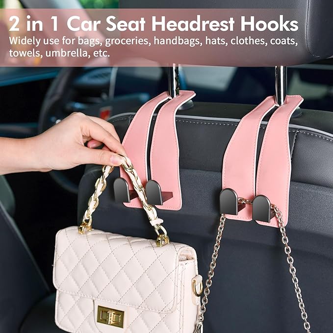 Car Hooks for Headrest, Leather Car Seat Back Storage Organizer Interior Accessories, More Wide & Deep Auto Seat Hook Hangers for Purse Umbrellas Handbag Clothes Coats Grocery Bags (Pink-2 Pack)
