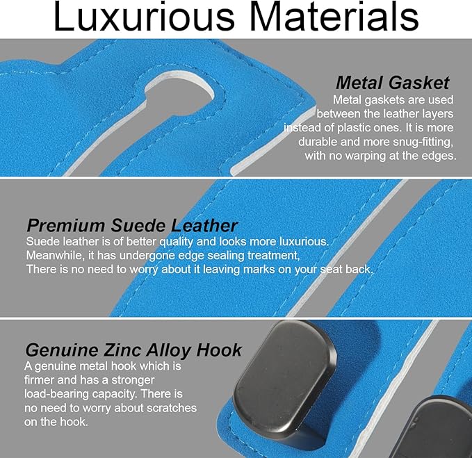 Purse and Bag Hook for Car, Zinc Alloy Seat Headrest Hooks, Upgraded Leather Car Seat Back Purses Hanger and Bags Holder (Blue, 2Pack)