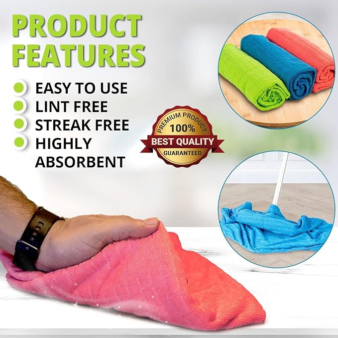 HELOMOR 12 Extra Large Microfiber Cleaning Cloths, 30"x18" Floor Towels for Squeegee Mop, Reusable Multi-Purpose Cleaning Rags for House, Kitchen, Car & Windows, Highly Absorbent, Lint-Free