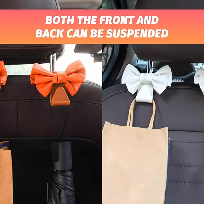 2 PCS Car Seat Headrest Hooks, Cute Bow Shaped Vehicle Backseat Storage Hooks, Leather Bow Shaped Sturdy Car Seat Back Hook for Purses/Coats (White)