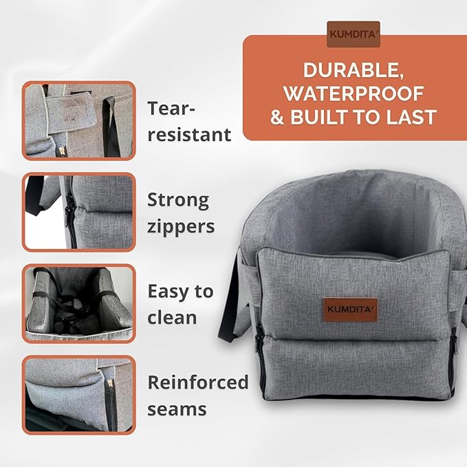 Kumdita Soft Console Dog Car Seat & Carrier for Extra Small Dogs (6–12 lbs). Cozy Center Console Pet Bed for Short Trips. Includes Safety Tether (Gray)