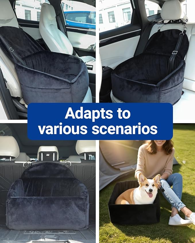 NUPIDA Dog Car Seat for Small Medium Dogs, Dog Booster Seat with Extendable Backrest, Pet Portable Car Seats up to 30 lbs, Washable Travel Bed with Storage Pockets and 2 Safety Leashes, Black