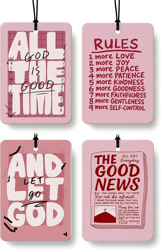 Retro Pink Christian Car Air Freshener 4 Pcs, Neutral Bible Verses Hanging Air Freshener for Cars Bathroom Dorm Books Decor, Vintage Religious Accessories Gifts for Women Men