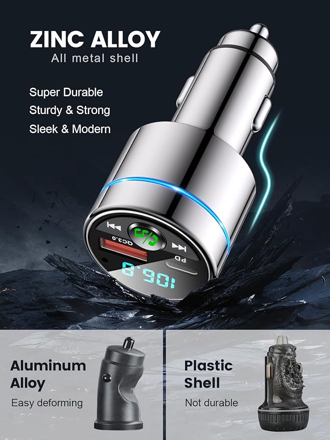 RIWUSI FM Transmitter for Car Bluetooth 5.3, [All-Metal] PD 30W & QC3.0 18W Fast Car Charger, Wireless FM Radio Kit Bluetooth Car Adapter, Noise Cancelling Hands-Free Call, Blue Light - Silver