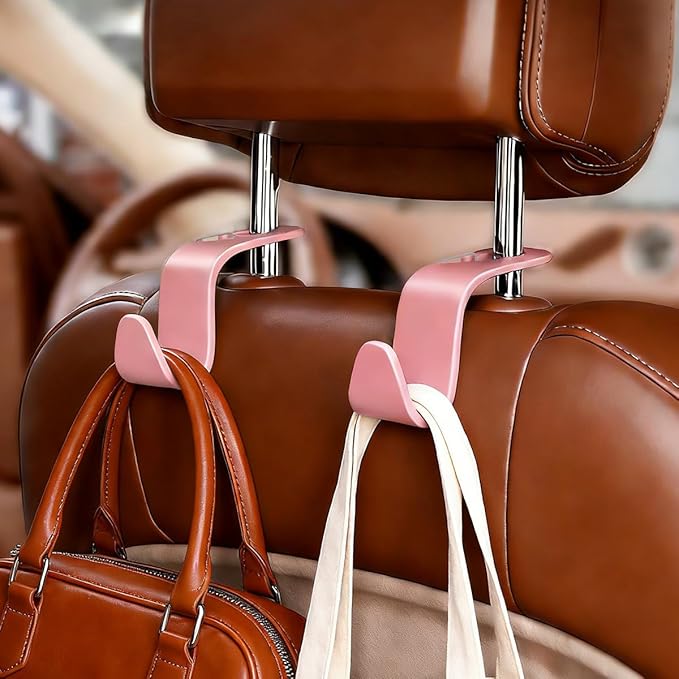 4PCS Car Seat Headrest Hook, Multifunctional Vehicle Seat Back Hanger Holder for Purse Handbag Umbrella, Automotive Interior Backseat Storage Organizer, Universal for SUV Van Truck (Pink)