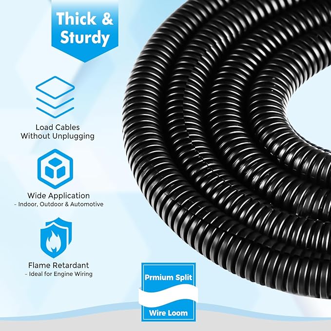 Automotive Wire Loom Flame Retardant Split Wire Loom Tubing Assortment Wiring Loom Kit Plastic Cover Electrical Covering Conduit Protective Wire Wrap Cable Sleeves Black 1/4" x 125 Ft