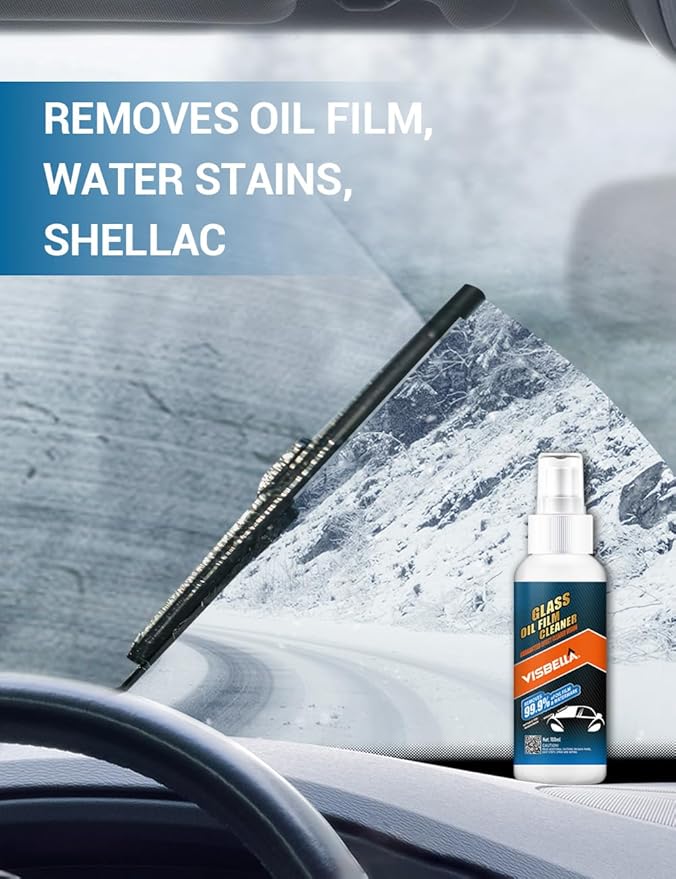 Visbella Oil Film Cleaner Spray, Car Windshield Wiper Fluid Liquid, Clear Vision Auto Windows & Rear-view Mirror, Watermark Spot Remover for Glass Surfaces, Automotive Rain Repellent Tool 3.38FL.OZ.
