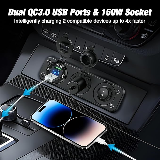 Nilight 4 in 1 Charger Socket Panel Dual QC3.0 USB with LED Voltmeter Display and Cigarette Lighter Power Cutoff Switch for CarsTrucks UTV ATV