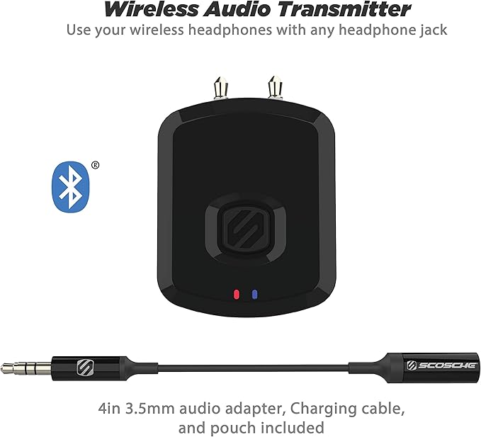 Scosche FlyTunes Airplane Bluetooth Transmitter with Dual & Single AUX for In-Flight Entertainment, TVs & Gym, Wireless Audio Adapter for AirPods, Connects 2 Bluetooth Headphones with 8Hr Battery Life