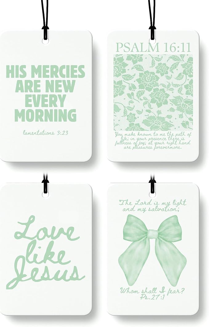 Green Coquette Bow Floral Christian Car Air Freshener 4 Pcs, Preppy Girly Religious Hanging Air Freshener for Cars Closet Drawer Books, Cute Christian Car Accessories Mirror Decor for Women