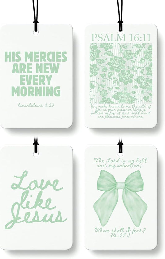 Green Coquette Bow Floral Christian Car Air Freshener 4 Pcs, Preppy Girly Religious Hanging Air Freshener for Cars Closet Drawer Books, Cute Christian Car Accessories Mirror Decor for Women