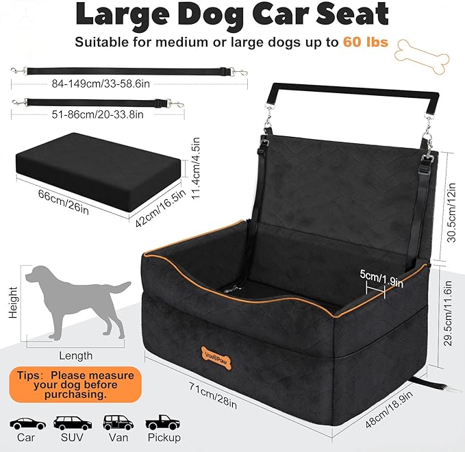 VavoPaw Medium Dog Car Seat, Dog Booster Seat Under 50Lbs or 2 Small Dogs Washable, Pet Car Seats with 2 Safety Leash, Dogs Sofa Bed Cushion Add Thick Sponge, Pet Cars Carrier for Travel, Black