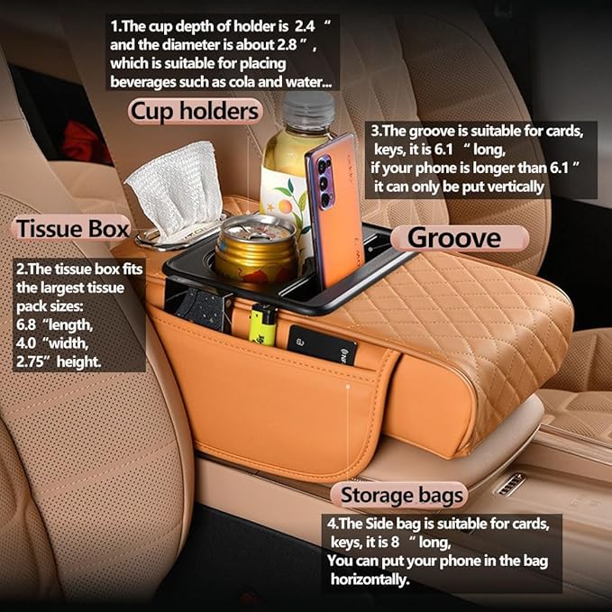 Car Armrest Cushion,5-in-1 Center Console Cover with 2 Storage Bags Cup Holder, Tissue Box Slot, Phone Slot for Sedans, Car Accessories Interior Organizers (Beige)