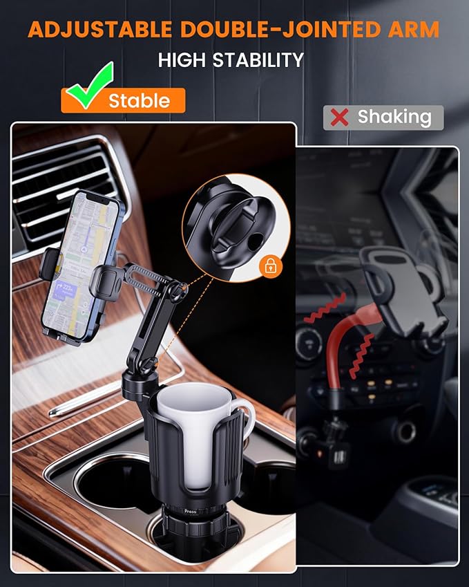 Cup Phone Holder for Car with Expandable Base, Upgraded 2 in 1 Hands Free Cellphone Holder Cupholder Car Mount, Stable Retractable Long Arm Universal Fit iphone and Large Bottle, for Truck SUV