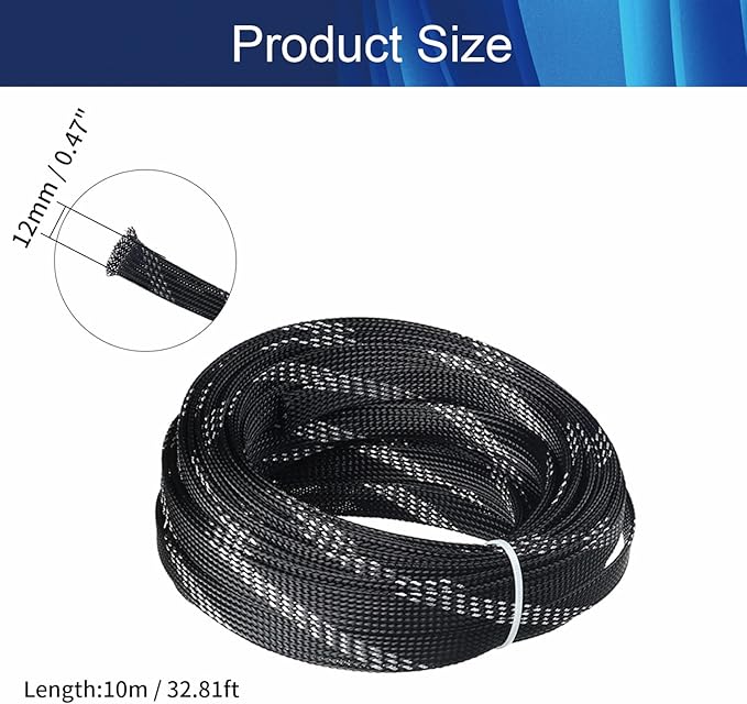 Aicosineg 32.81ft PET Flexible Braided Cable Sleeve 0.44inch Width Wire Loom Sleeving and Organizer Flexible Wire Mesh Sleeve Wrap Protector for TV Audio PC Cords from Pets Chewing Black and Silver