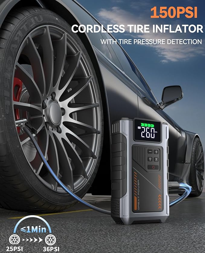 Portable Jump Starter with Air Compressor 4500A Peak with 150PSI Tire Inflator, Jump Box for 12V Car Battery Power Booster Pack (Up 8.5L Gas/7.0L Diesel Engine)