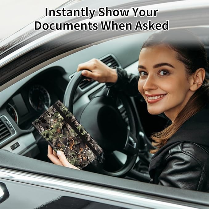 Car Registration and Insurance Card Holder, Vehicle License Documents Glove Box Compartment Organizer Wallet, ID Card Holder for Car Essentials Automobile, Camo Tree Branches