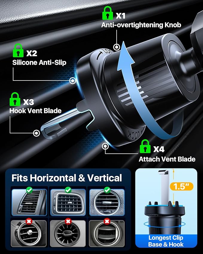 YRU Phone Holders for Your Car [2026 Upgraded Military Metal Hook], Cellphone Holder Car[No Fear of Bumps] Vent Phone Mount Truck Compatible with iPhone17 16 15 14 13 12 Samsung Android, Sapphire