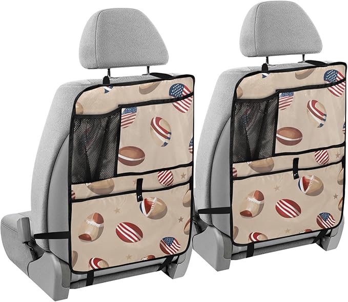 Brown Football and Flag 1 Pack Backseat Car Organizer with Storage Pockets Seat Back Organizers for Kids Kick Mats Backseat Protector Automotive
