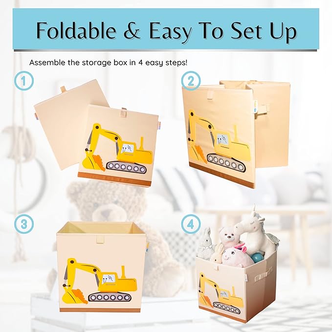 Washable Toy Organizers and Storage, Canvas Toy Chest Organizer Foldable Kids Toy Storage Organizers for Child's Bedroom or Playroom -13x13x13 Inch (Excavator)