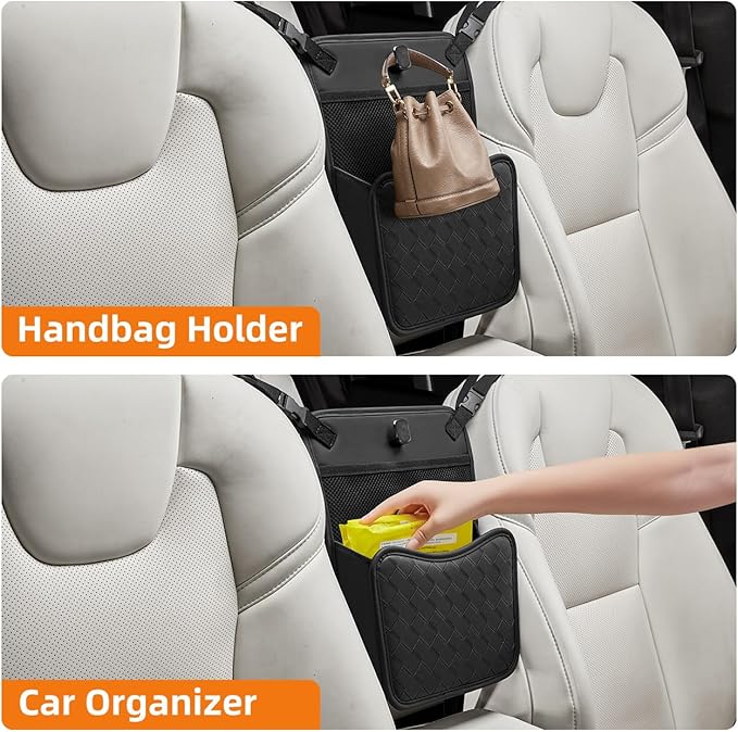 Purse Holder for Car,Car Purse Holder Between Seats,PU Leather Seat Back Organizer,Large Capacity Bag,Car Net Pocket Handbag Holder,Pet Barrier(Red)