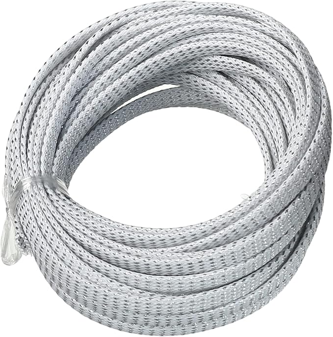 Aicosineg 32.81ft PET Flexible Braided Cable Sleeve 0.25inch Width Wire Loom Sleeving and Organizer Flexible Wire Mesh Sleeve Wrap Protector for TV Audio PC Cords from Pets Chewing Silver