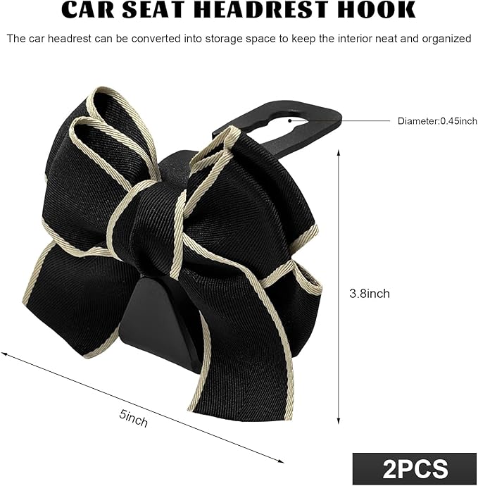 2 PCS Car Seat Headrest Hooks, Adorable Bow Knot Storage Hooks Multipurpose Vehicle Headrest Organizer, Auto Seatback Bowknot Hanger Interior Decoration for Car Truck SUV (Black & White)