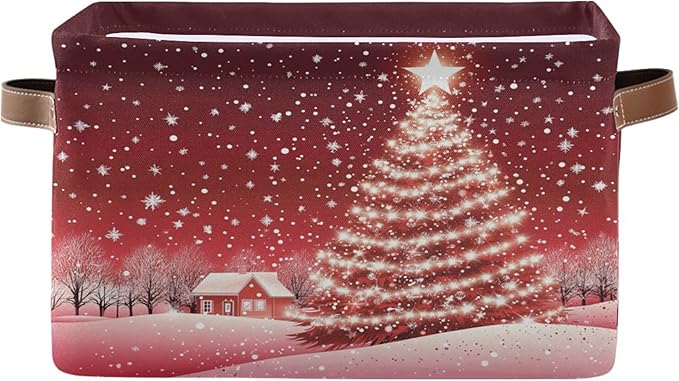 Christmas Tree Red Storage Basket with Waterproof Liner and PU Handles Xmas Winter Snow Scene Storage Bins Boxes 14.2" Collapsible Decorative Organizer Baskets for Bedroom Closet Office 1 Pack