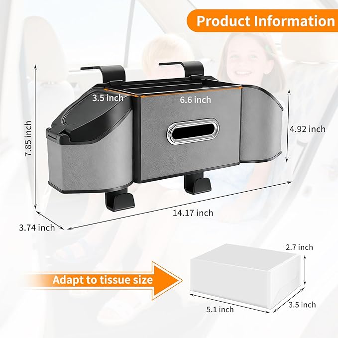7-in-1 Multifunctional Car Seat Back Organizer, Car Back Seat Storage Box Trash Can & Cup Holder with Tissue Box, Hooks, Universal Fit for Most Cars, SUVs, Trucks (Grey)