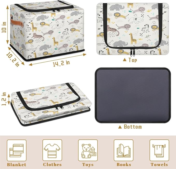 Large Toy Box Collapsible Storage Bins with Lids Closet Storage Baskets for Organizing Shelves Nursery Toy Storage Organizer Boxes for Kids, Boys, Girls (Cute Zebra Giraffe Lion Elephant Animal)