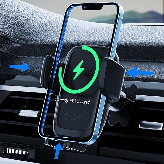 Wireless Car Charger, 15W Qi Fast Wireless Charging Phone Mount, Auto Clamping Air Vent Car Phone Holder for iPhone 14/13/12/11/X, Samsung Galaxy S22/S20/S10/S9/Note20/10/9, etc