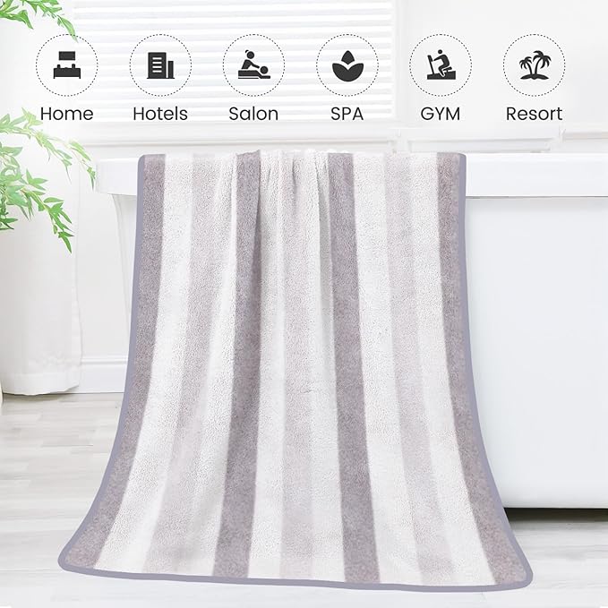 JML Microfiber Bath Towels Set of 2, 30" x 60", Oversized, Soft, Super Absorbent, Fast Drying Large Bath Towel Perfect for Hair Wrap, Sport, Fitness, Yoga, Cabana Stripe Grey