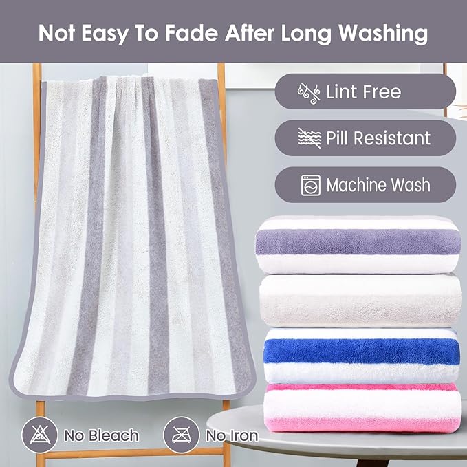 JML Microfiber Bath Towels Set of 2, 30" x 60", Oversized, Soft, Super Absorbent, Fast Drying Large Bath Towel Perfect for Hair Wrap, Sport, Fitness, Yoga, Cabana Stripe Grey