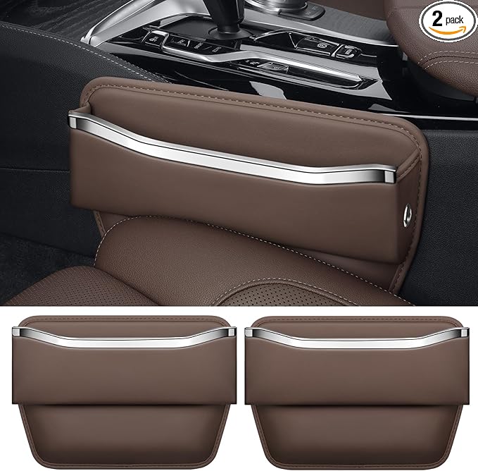 Car Seat Gap Filler - Premium Leather Car Organizer with Extra Storage - Organize and Secure Your Car Essentials - Fits Most Cars, SUV, Truck - 2 Pack - Brown