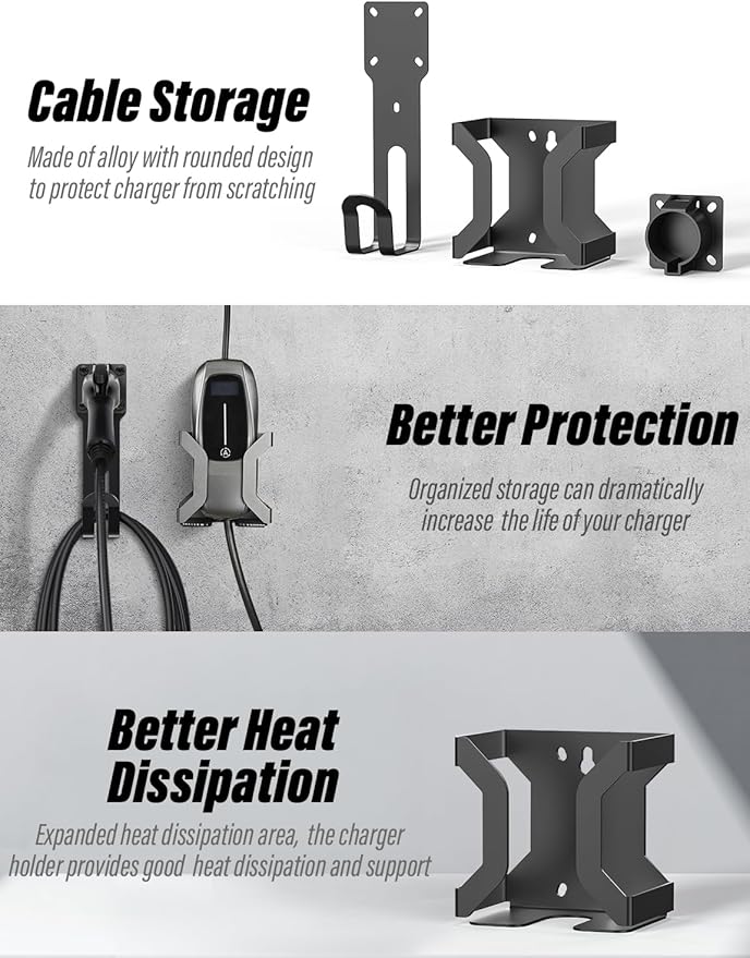 BMZX EV Charger Holder J1772, Wall Mount Kit for Electric Car Charger, SAE J1772 Cable Organizer, Heavy-Duty Stainless Steel Includes Nozzle Holster Dock & J-Hook