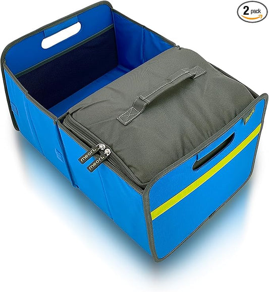 meori Collapsible Trunk Organizer for Car with Cooler for Groceries Road Trips 2 Compartments Heavy Duty Mesh Pocket Ripstop