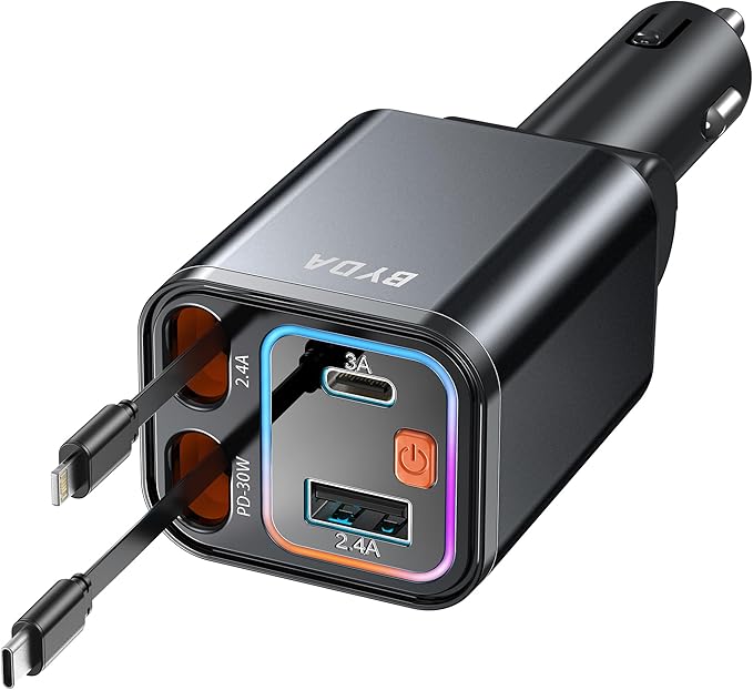 4 in 1 Retractable Car Charger with Starry Light,69W USB-C Fast Car Charger, for iPhone 17/16/15/14/13/12/11, Android,Pixel,Cigarette Lighter Charger (for Apple+Type C &RGB [Black])