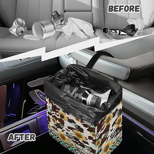 Navajo Aztec Tribal Print Car Trash Can for Back Seat Car Accessories for Women Men Leakproof Auto Garbage Cans Hanging Cowhide Sunflower Trash Bin for Car Water-Resistant